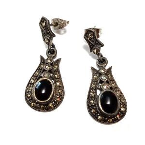 Vintage Art Deco 925 Sterling Silver Marcasite & Onyx Drop Earrings